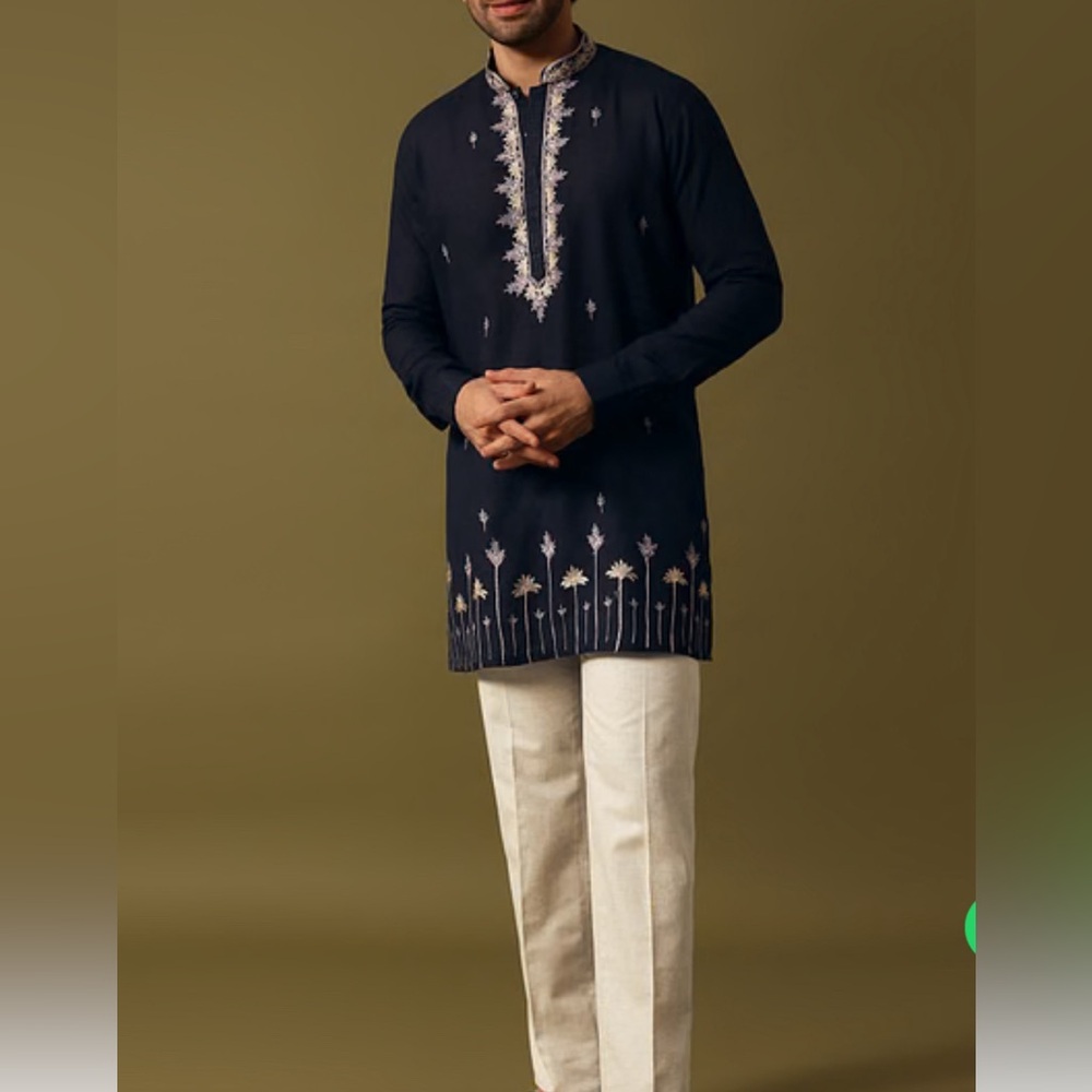 Navy Blue Linen Kurta and Pants